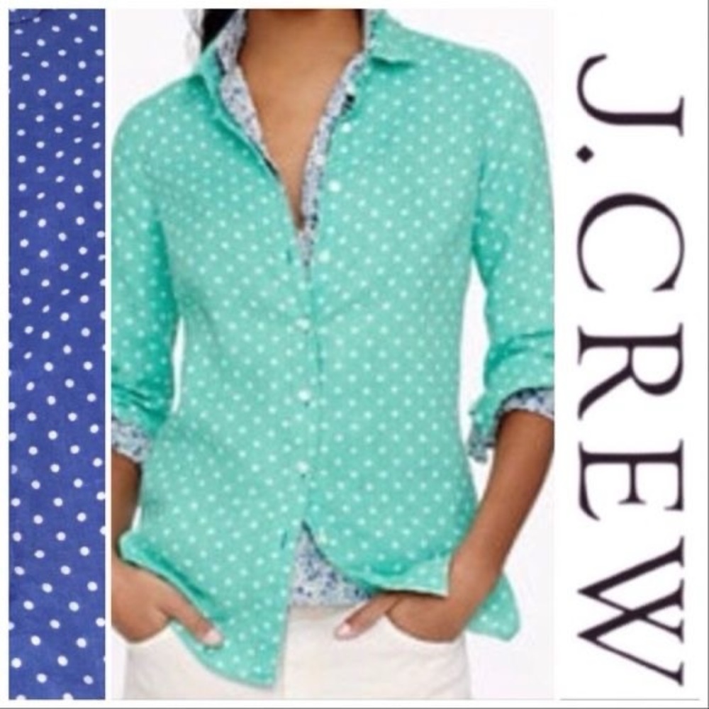 100% linen mint green polka dot JCrew “perfect” shirt